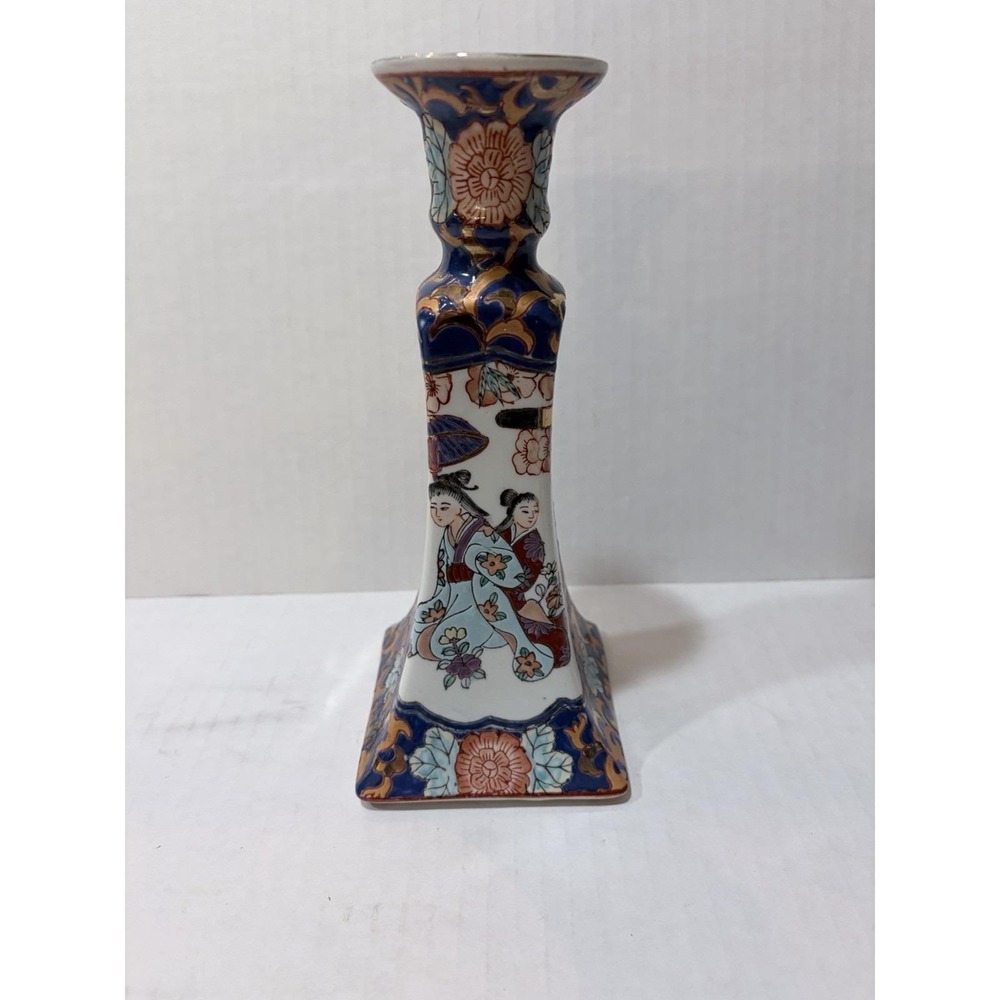 Vintage Hand Painted Macau Porcelain Candlestick Chinoiserie Qianlong Mark 9 in